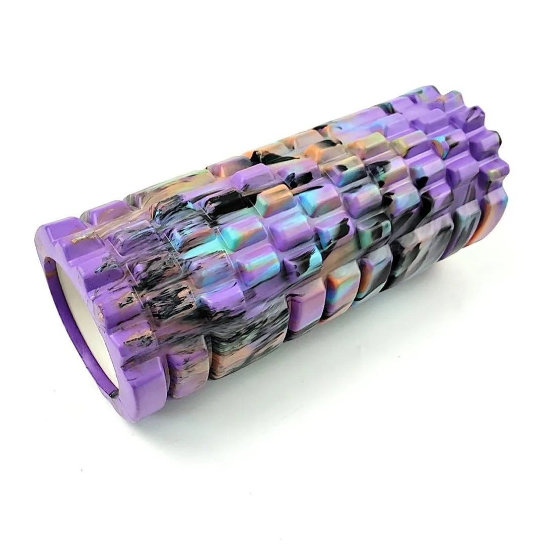 33cm camouflage pattern EVA foam roller in blue green yellow colour shown on exercise mat