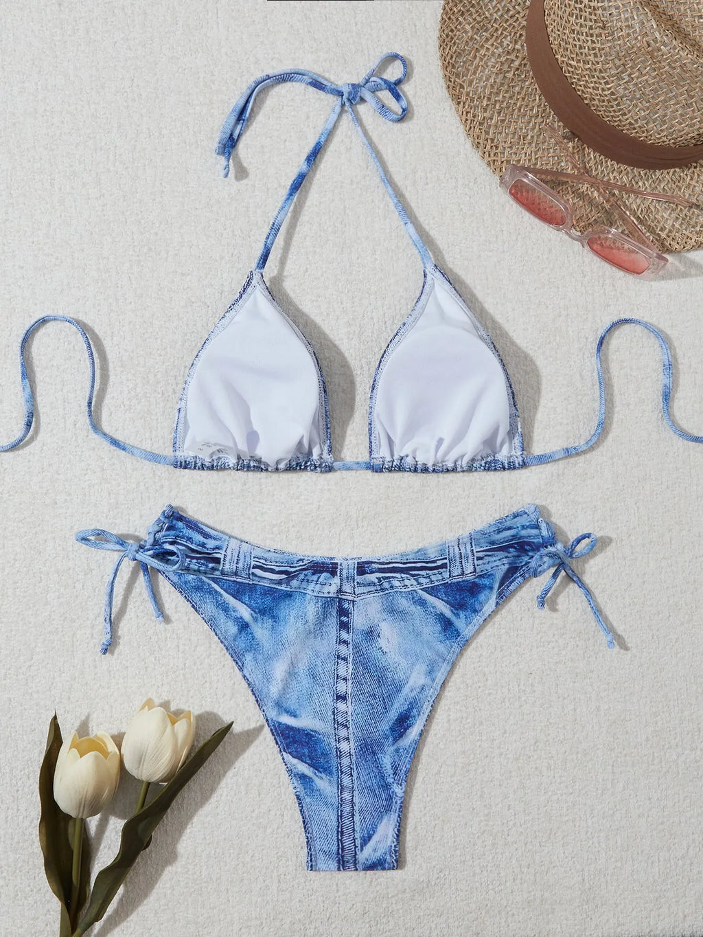 Women's denim blue printed bikini set with adjustable straps