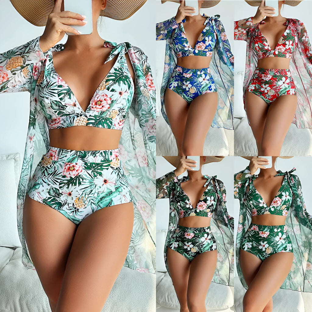 Women's multicolour printed bikini swimsuit three-piece set showing top, bra, and shorts.
