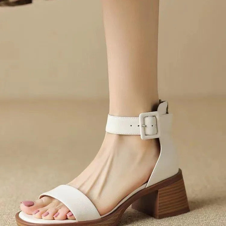 Women's white retro platform high heels with ankle strap and round toe design