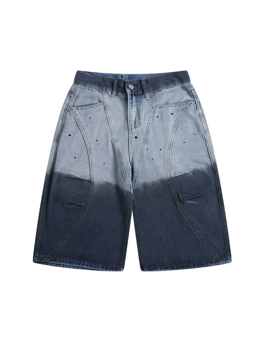 Blue tie-dye gradient washed-out cropped jeans with loose fit and mid-waist design