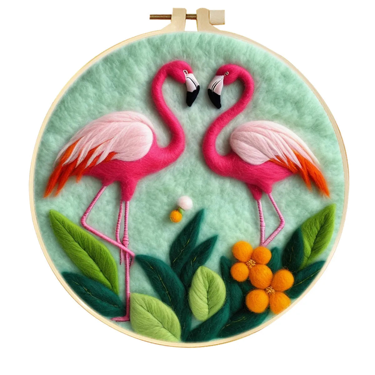 Round linen embroidery kit with wool felt materials for three-dimensional floral design