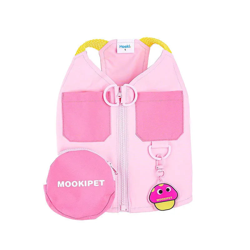 Pink polyester pet vest for small dog breeds on mannequin showing harness design