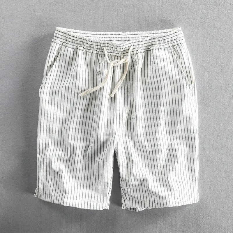 Men's striped cotton casual shorts showing straight-leg design and mid-waist fit