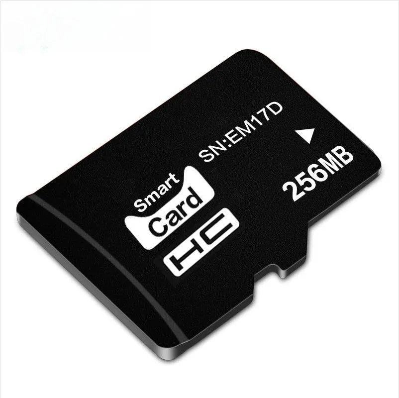 256MB TF format memory card with compact dimensions, presented in packaging.