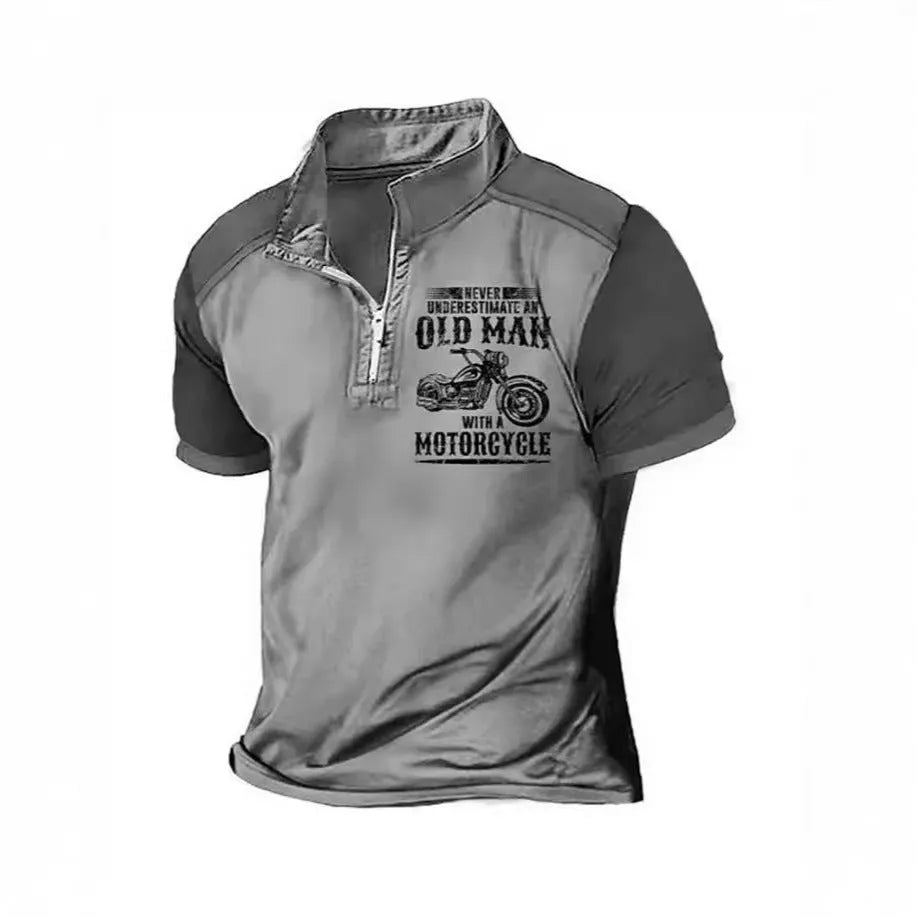 Men's grey casual polo shirt with a lapel collar, short sleeves, and a white digital letter print design on the chest.