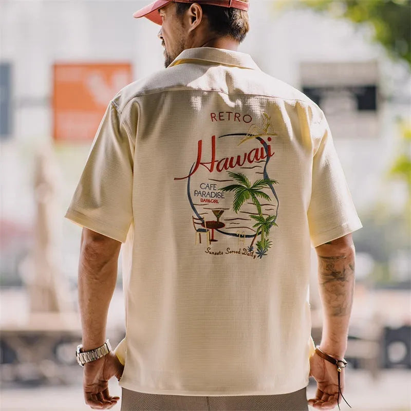 Men's light apricot Cuban collar shirt with bamboo and floral pattern detail