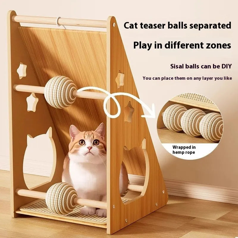 Vertical sisal cat scratch board with wall mounting and cat teasing ball design