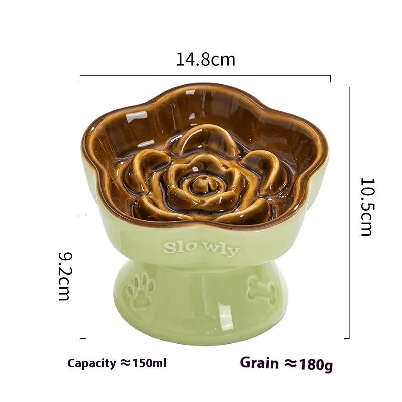 Black ceramic pet bowl with high foot and neck design for anti-tumble feeding