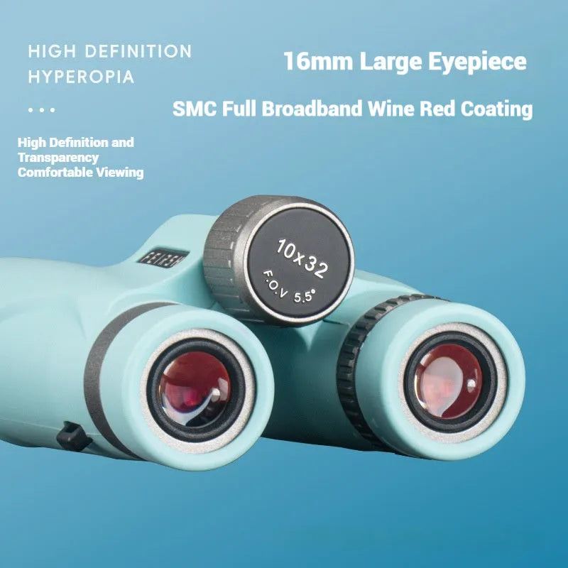 Wine red film imaging bright binoculars in grey or blue colour with 10x32 specifications.