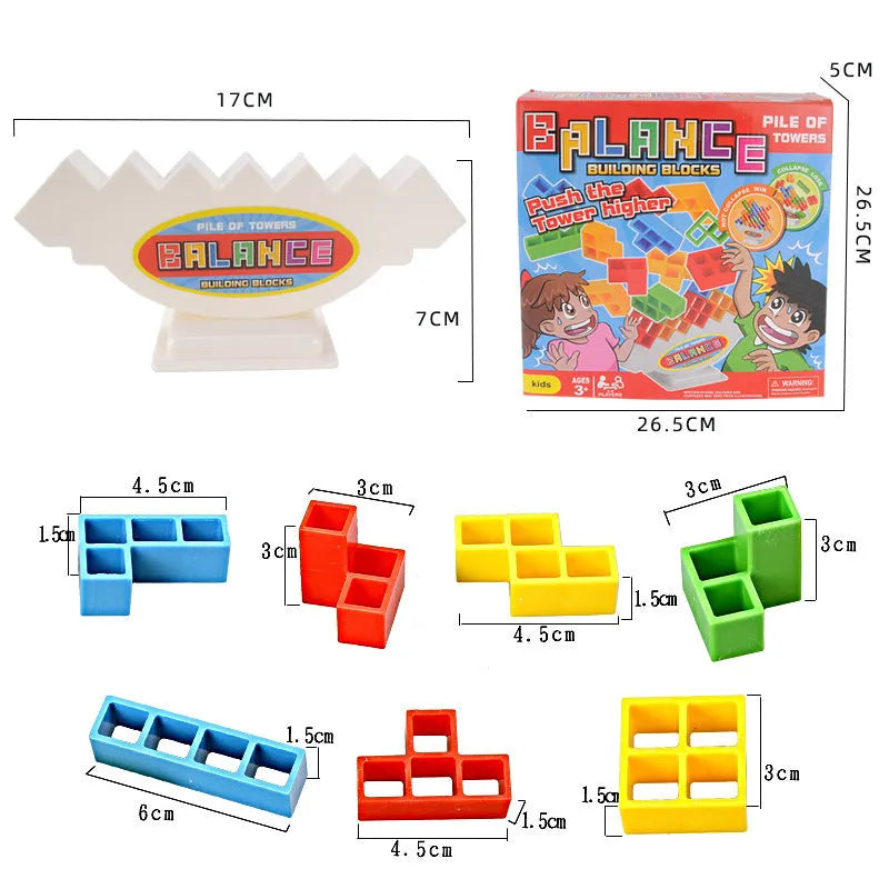Plastic balance stacking board game with 16 colourful blocks, chassis, and base in a 26.5cm square box.