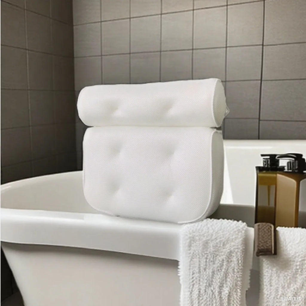White bathtub pillow with 4D mesh fabric and suction cups on a flat surface.