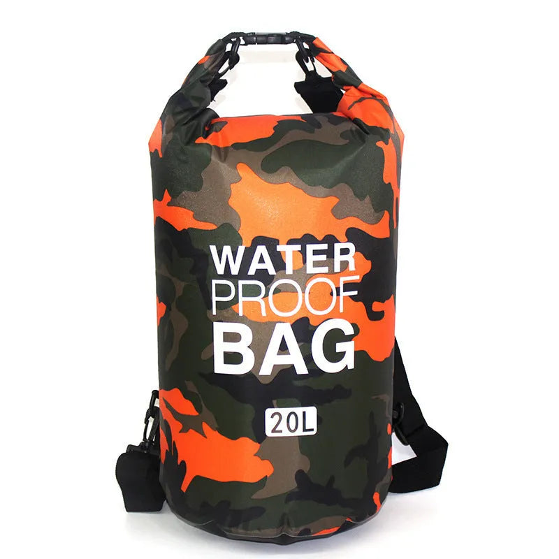 Outdoor waterproof camouflage polyester double shoulder backpack in green, with roll-top closure and foldable design