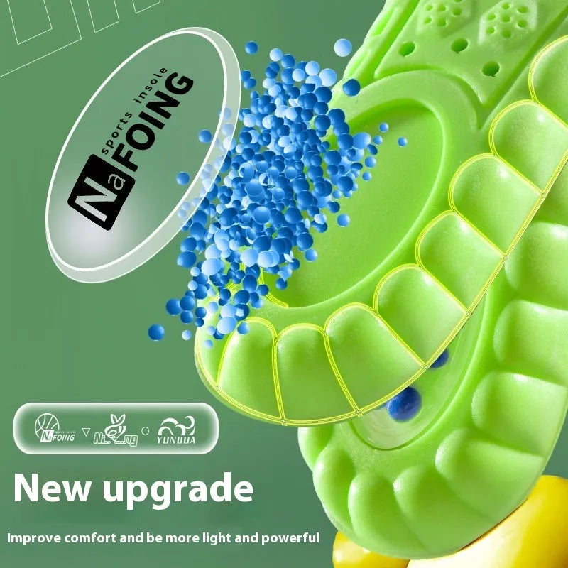 Green sports insoles showing PU air cushion construction and argy wormwood layer