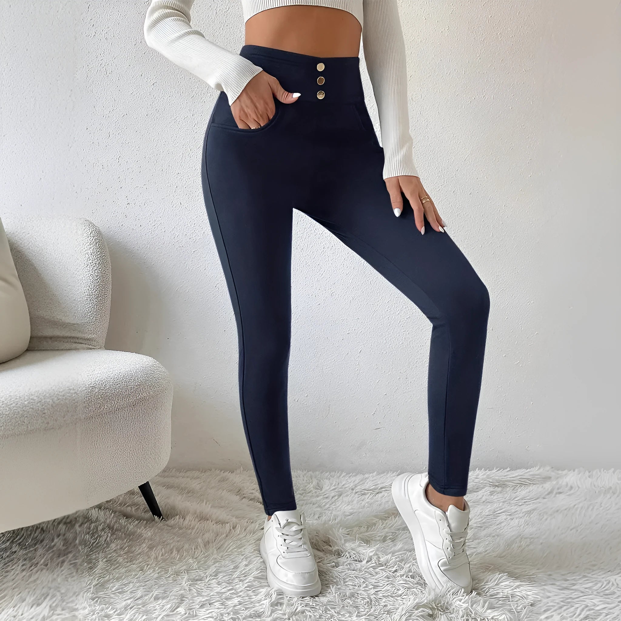 Women's navy blue high waist casual trousers with straight leg and micro elastic fabric