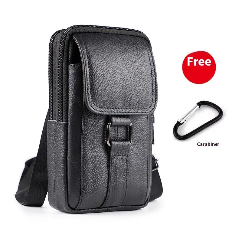 Men's black genuine leather waist bag with square shape and crossbody strap