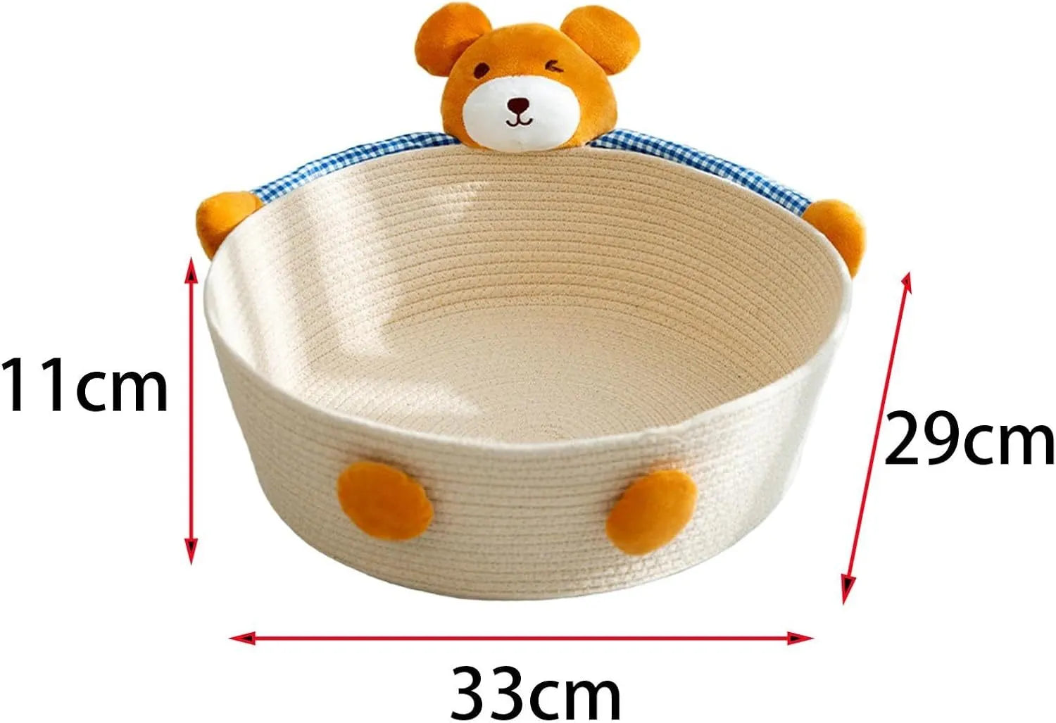 Woven cotton rope cat bed basket with bear pattern, functioning as a pet bed, scratcher, and storage container.