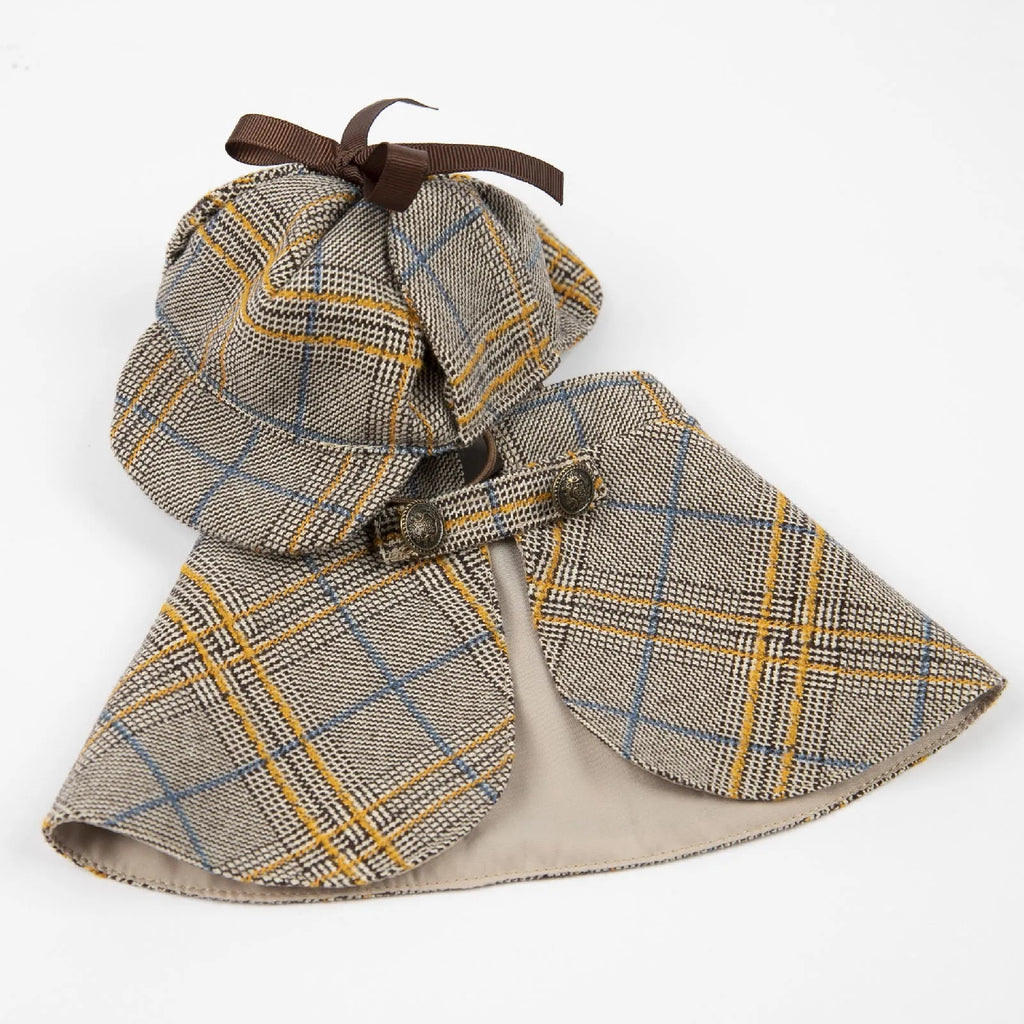 Camel-coloured cotton cloak for a pet with an adjustable hat, shown in a detective suit style.