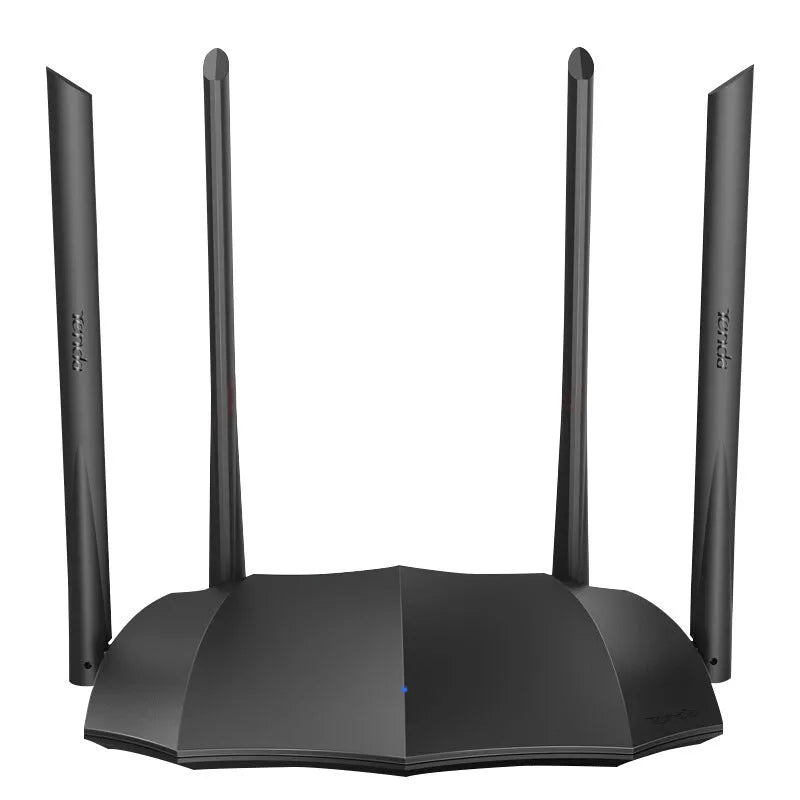 AC8 dual-band Gigabit wireless router with three LAN ports on a desk.