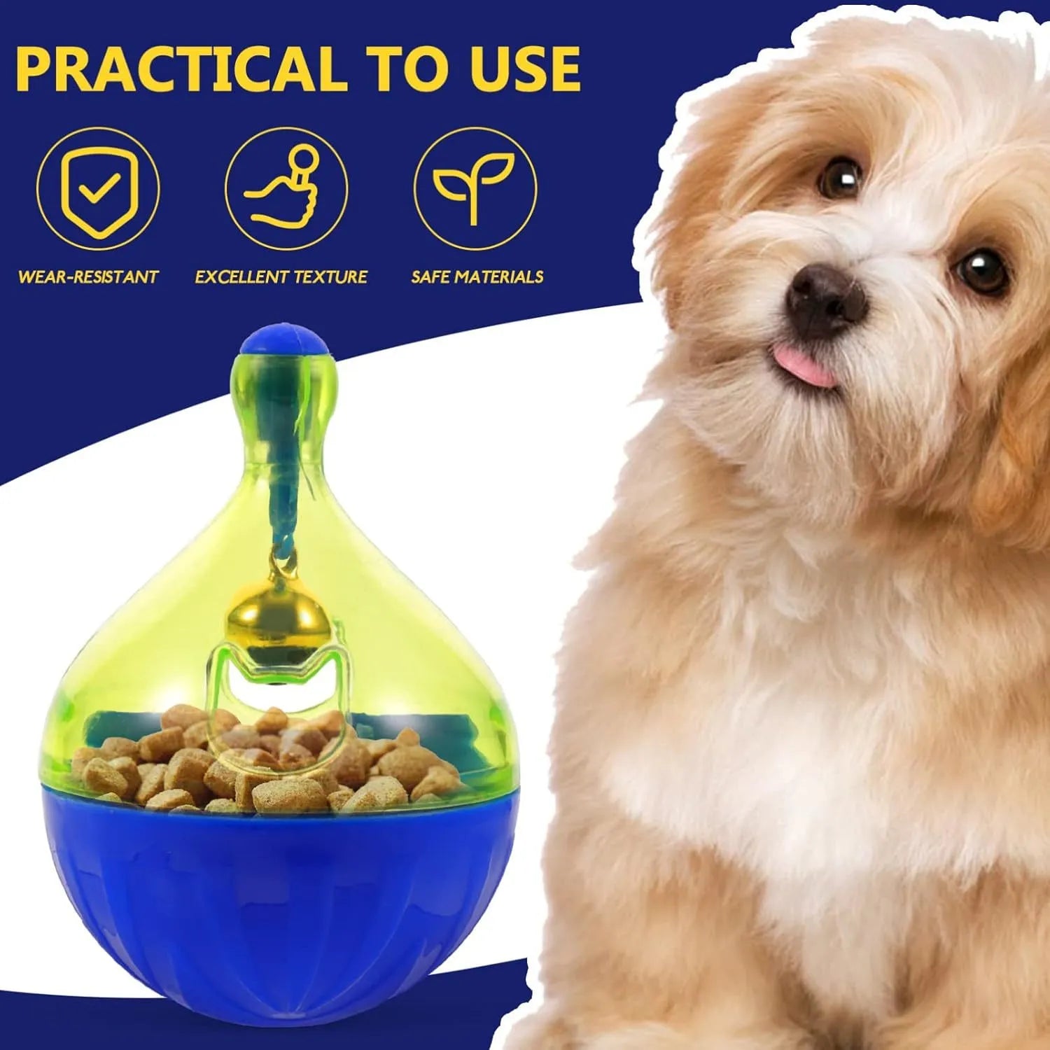 Tumbler-shaped pet treat dispenser ball for dogs and cats with dimensions 14x10x10cm