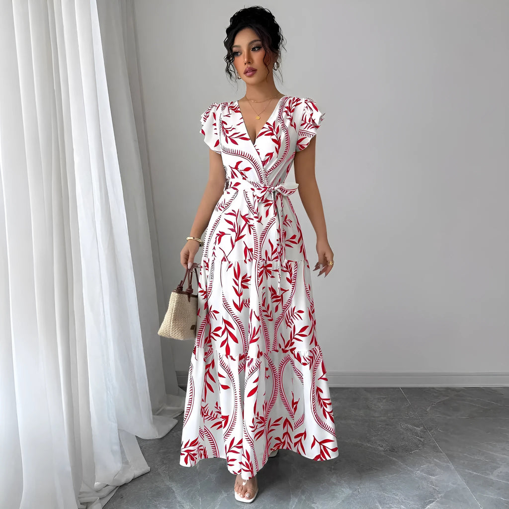 Lace-up floral short-sleeve ruffle sleeve midi dress in polyester, navy blue colour