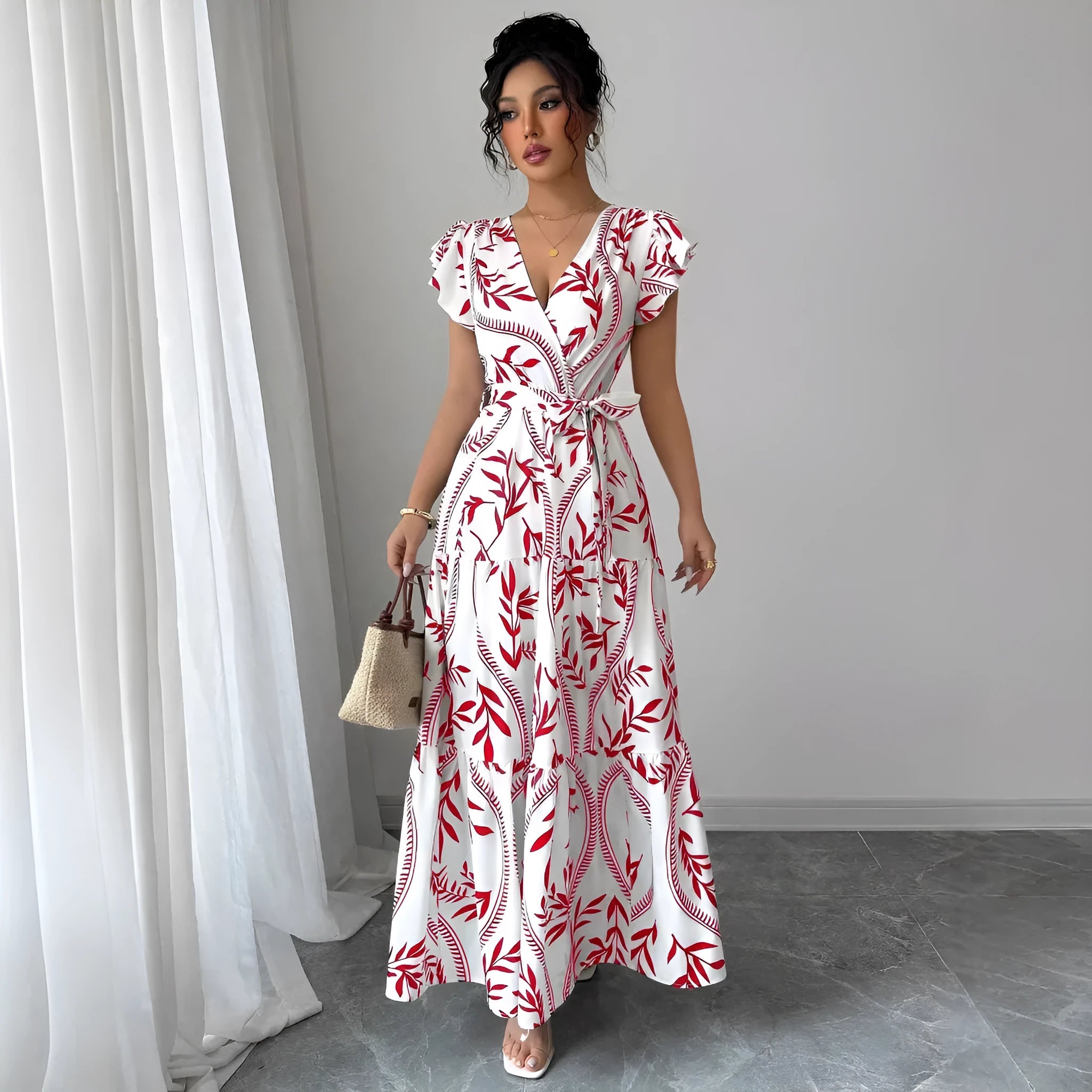 Lace-up floral short-sleeve ruffle sleeve midi dress in polyester, navy blue colour