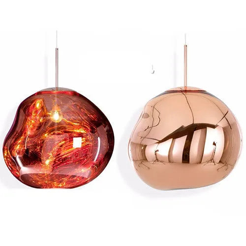 Nordic style irregular glass lava lamp chandelier in gold, silver, or red copper, available in three different sizes.