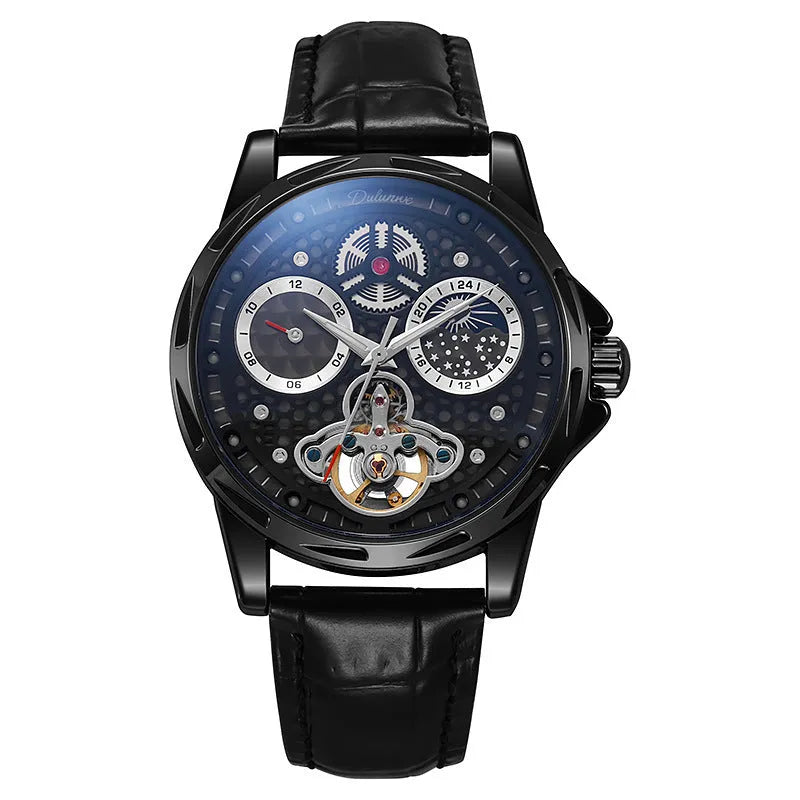 Men's black and silver automatic business watch with luminous hands on steel bracelet