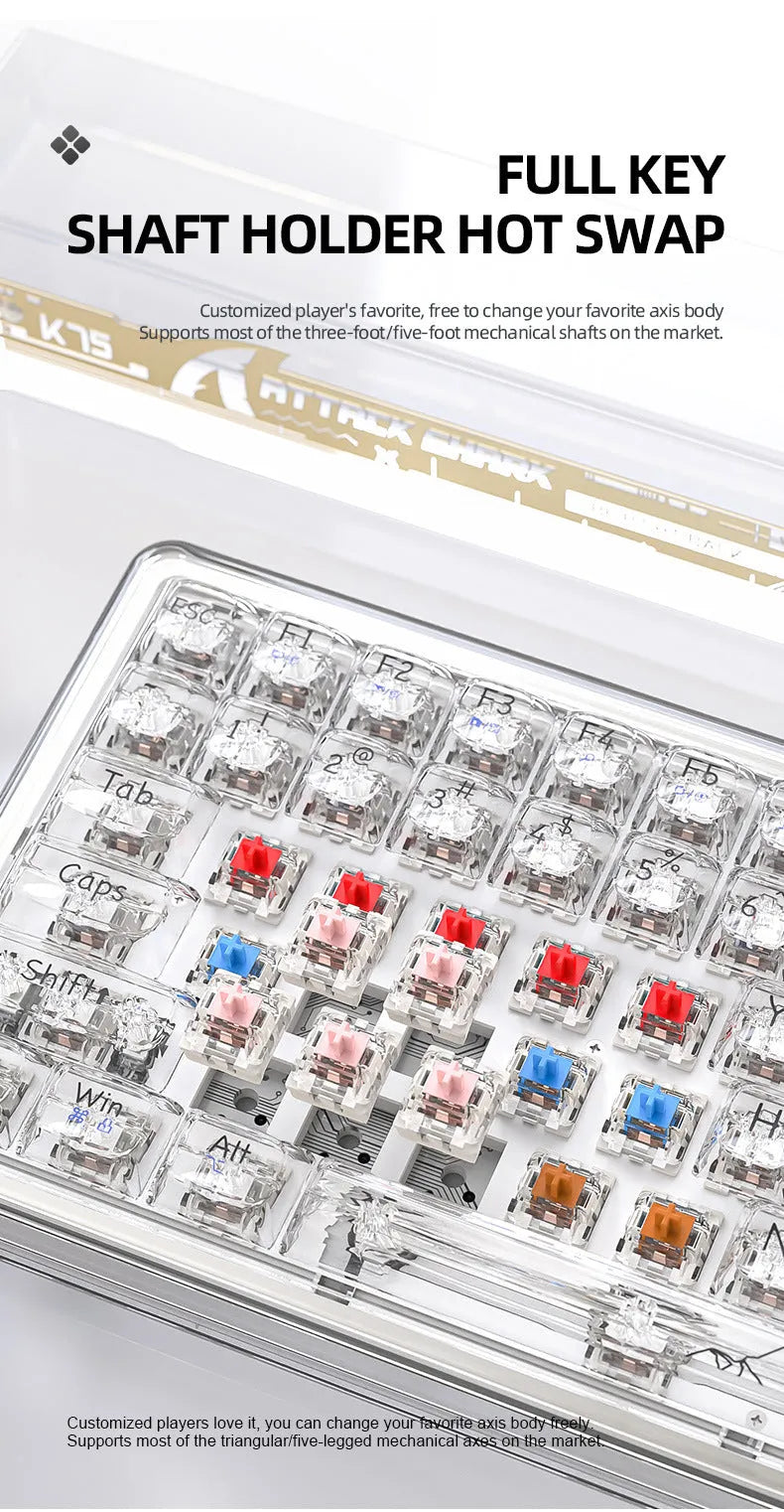 Attack Shark K75 wireless mechanical keyboard with transparent PC case and RGB backlighting.