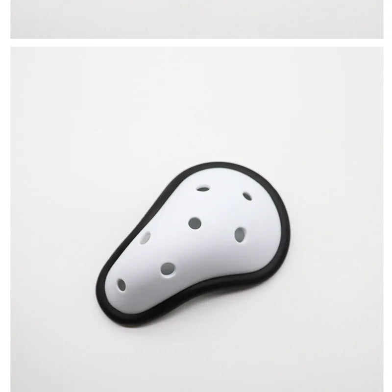 Rubber genital protector for adult and child sports safety in hockey, rugby, and martial arts.