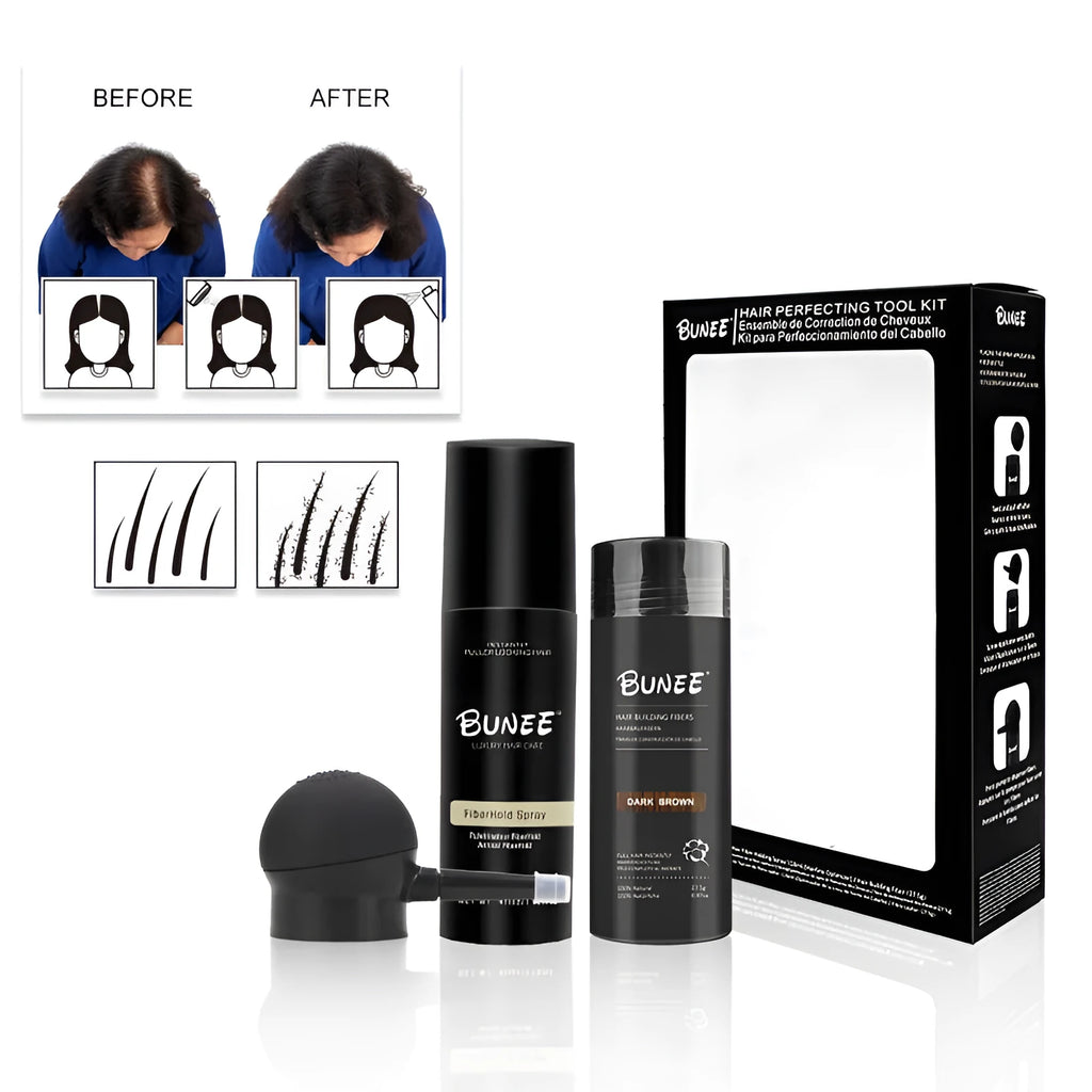 275g can of dense hair fibre powder with application nozzle and shaping spray bottle for thinning hair.