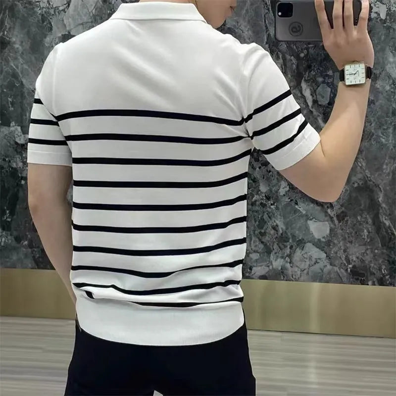 Black and white striped lapel knitted long sleeve T-shirt, crew neck pullover style.