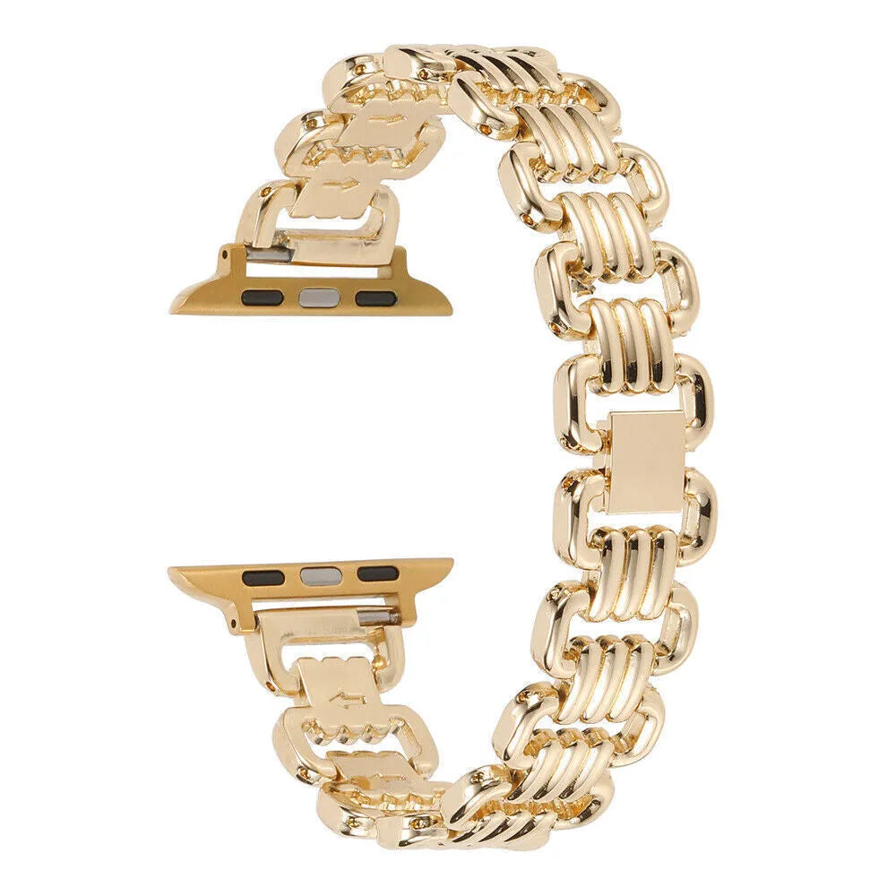 Silver alloy metal link bracelet for Apple Watch on a wrist.