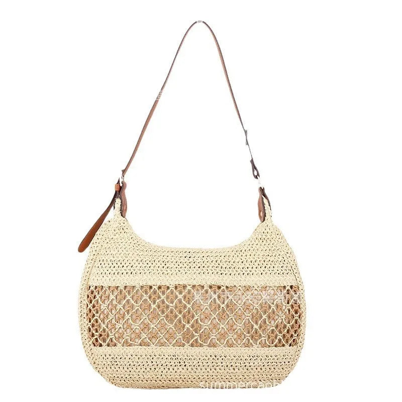 Women's khaki straw cross body bag with horizontal square shape and shoulder strap