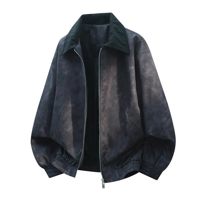 Men's black stitching lapel casual jacket with side seam pockets and straight hem