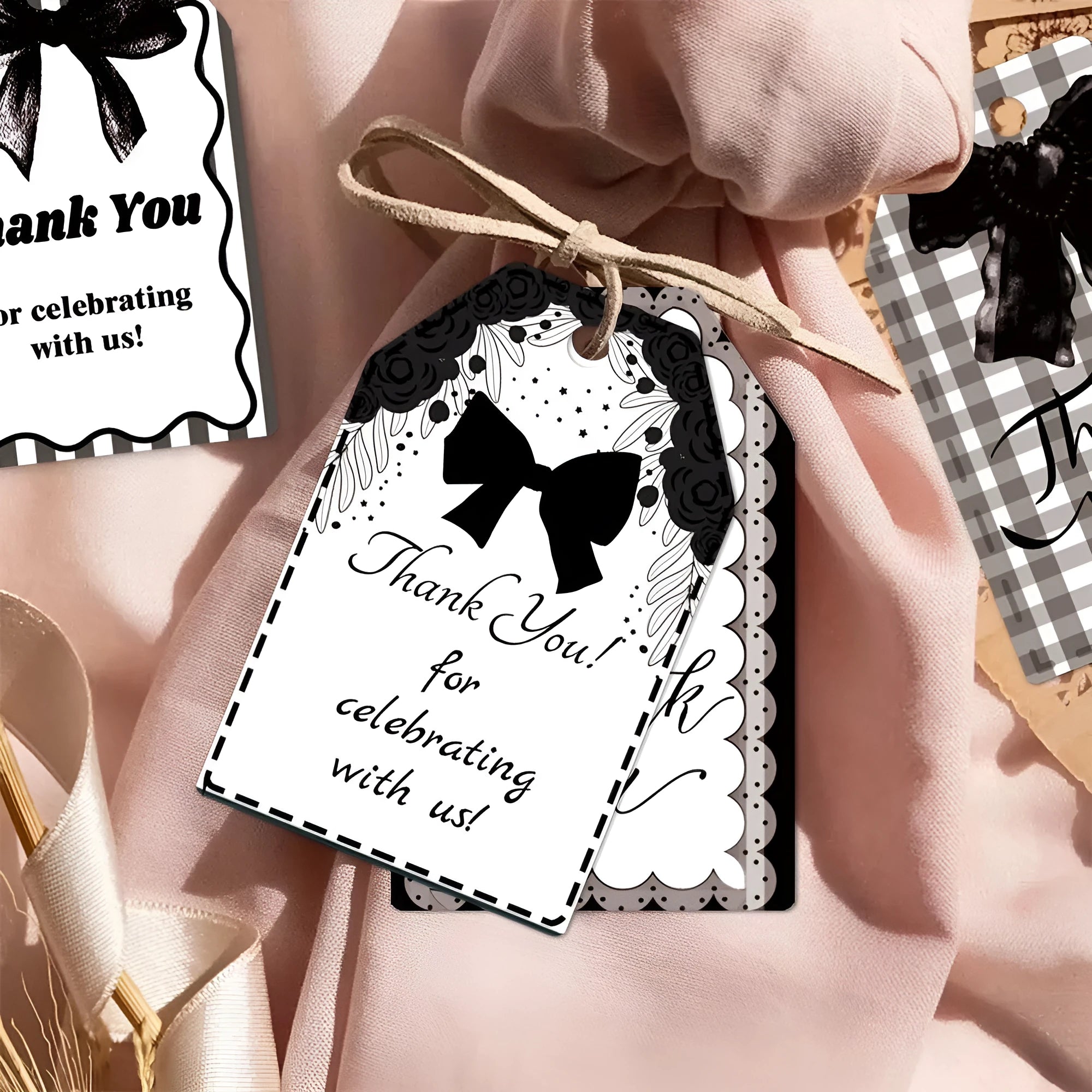 60 birthday party gift tags with bowknot designs in three styles including hemp rope