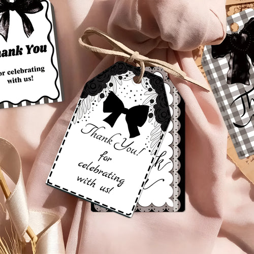 60 birthday party gift tags with bowknot designs in three styles including hemp rope