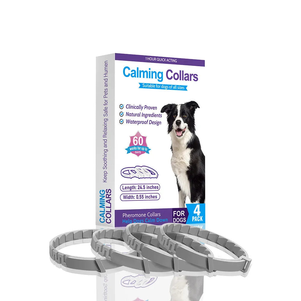 Four dog anxiety relief collars in assorted colours with 62cm length and monochrome Chinese pattern