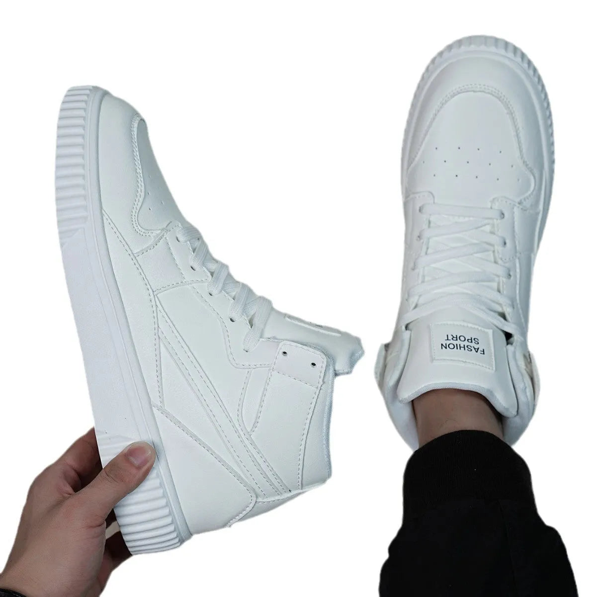 Men's white microfiber casual shoes with round-toe design for autumn and winter leisure wear