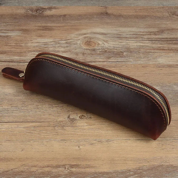 Square leather pencil case with zipper closure in black, brown, dark brown, or yellow colour