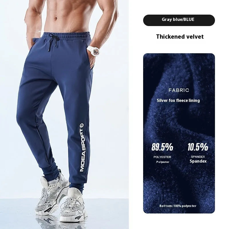 Men's grey sweatpants with ankle ties showing mid-waist design and adjustable calf fit