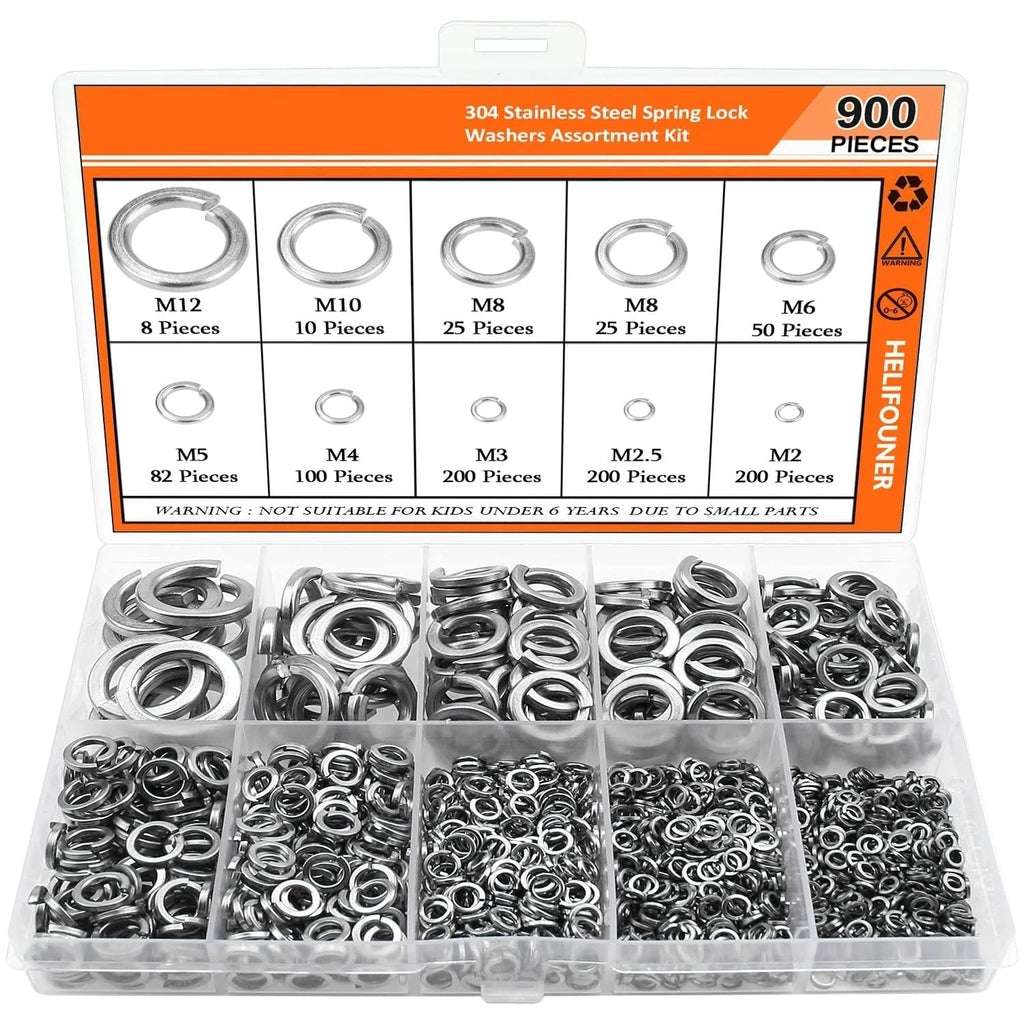 304 stainless steel spring lock washer combination box with 900 pieces covering M2 to M12 metric sizes
