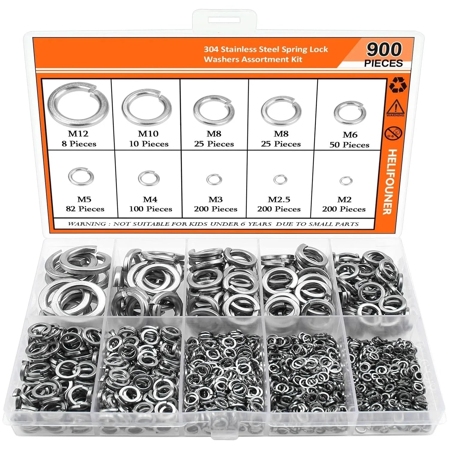 304 stainless steel spring lock washer combination box with 900 pieces covering M2 to M12 metric sizes