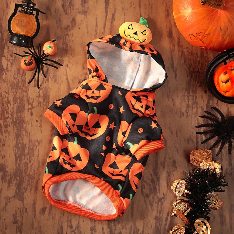 Halloween pet costume with pumpkin skirt and sweater designs in crystal velvet material