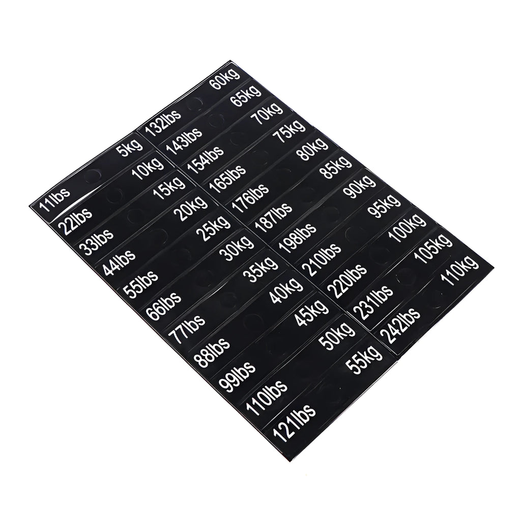 Gym weight sticker label 90x20mm Aspic colour with bolt holes showing 5-100kg scale
