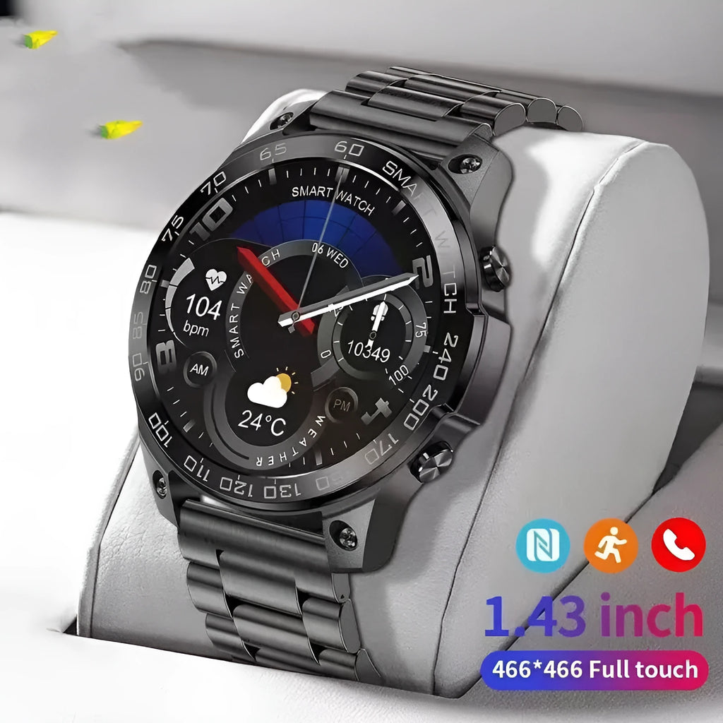 Bluetooth sports watch with circular AMOLED screen showing fitness data on silicone strap