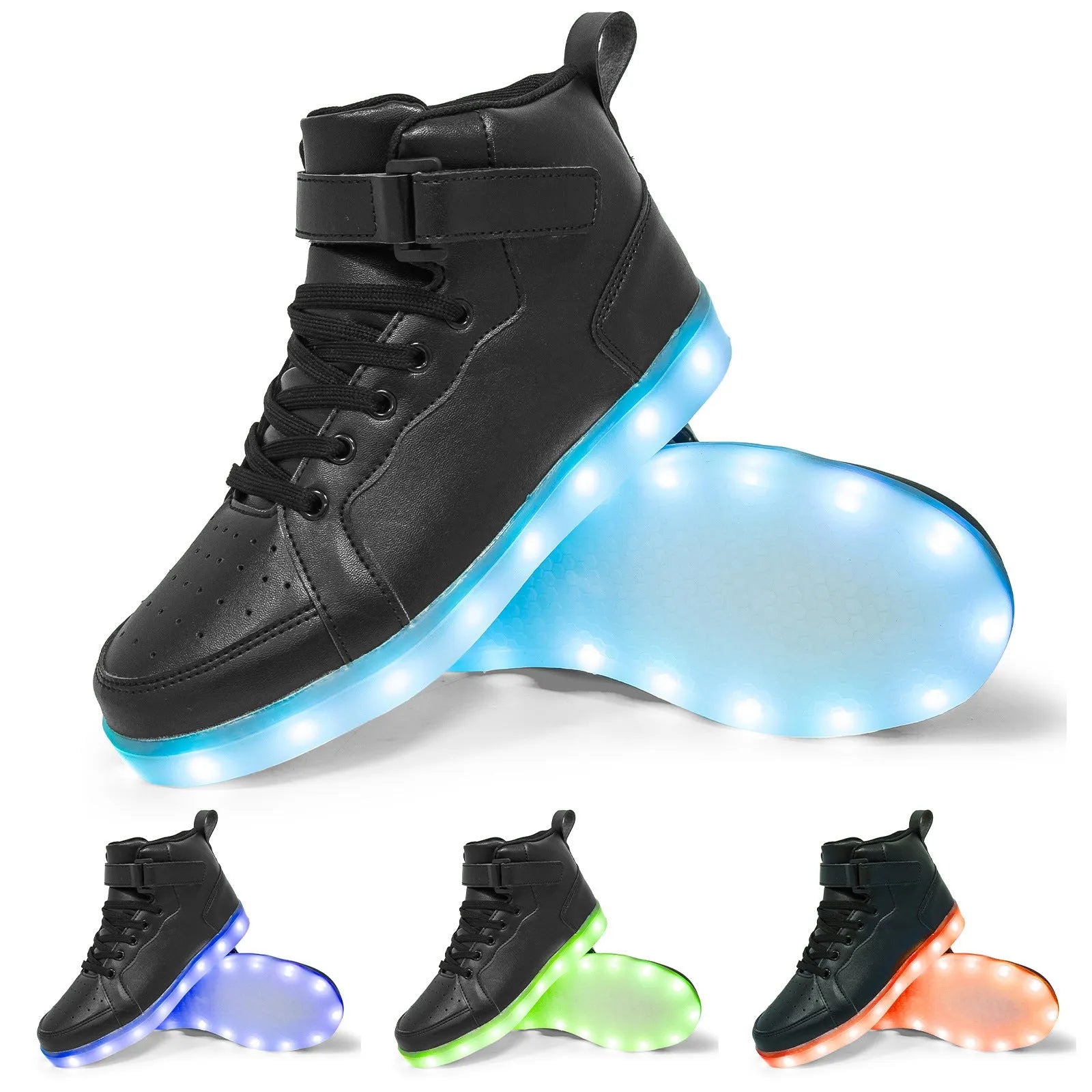 Black high-top LED light-up sneakers with velcro straps and a lit sole.
