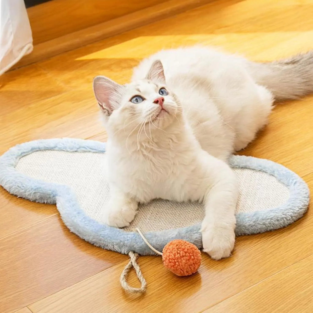 White cat scratching mat with natural sisal surface and cartoon sleeping cat design, wall-mounted