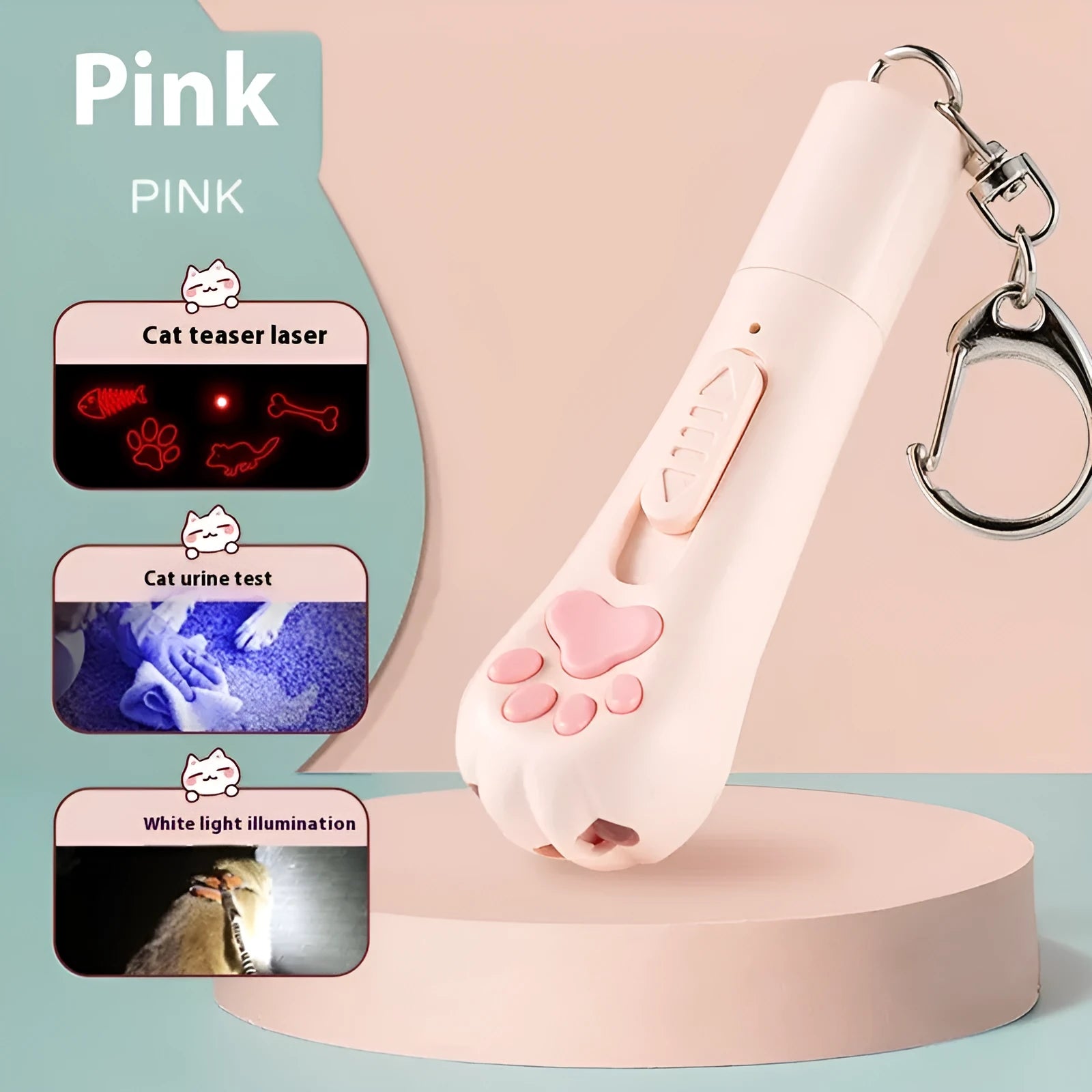 Rechargeable cat pen light toy with feather attachment in cream white, pink, or blue