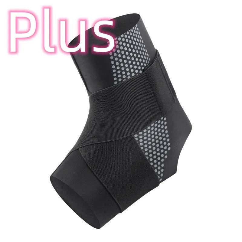 Fixed rehabilitation ankle support made of black Lycra cloth, shown on an adult ankle.